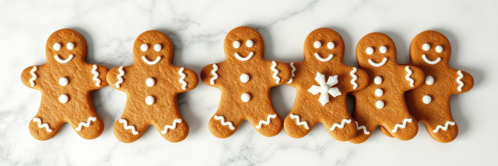 Holiday gingerbread cookies arranged in a cheerful line on a marble surface for festive celebration